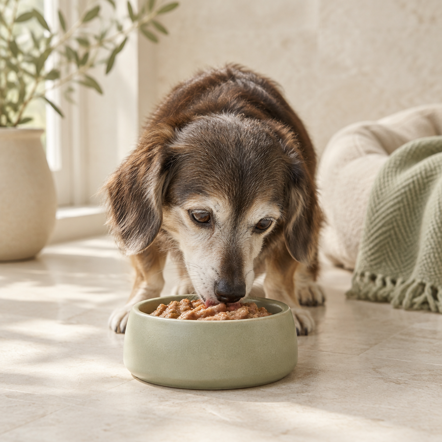Small senior dog enjoying wet food