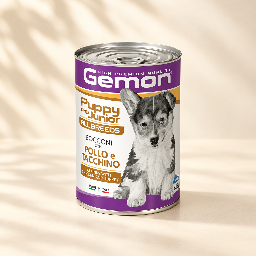 Gemon Puppy & Junior can with warm leaf-shadow background