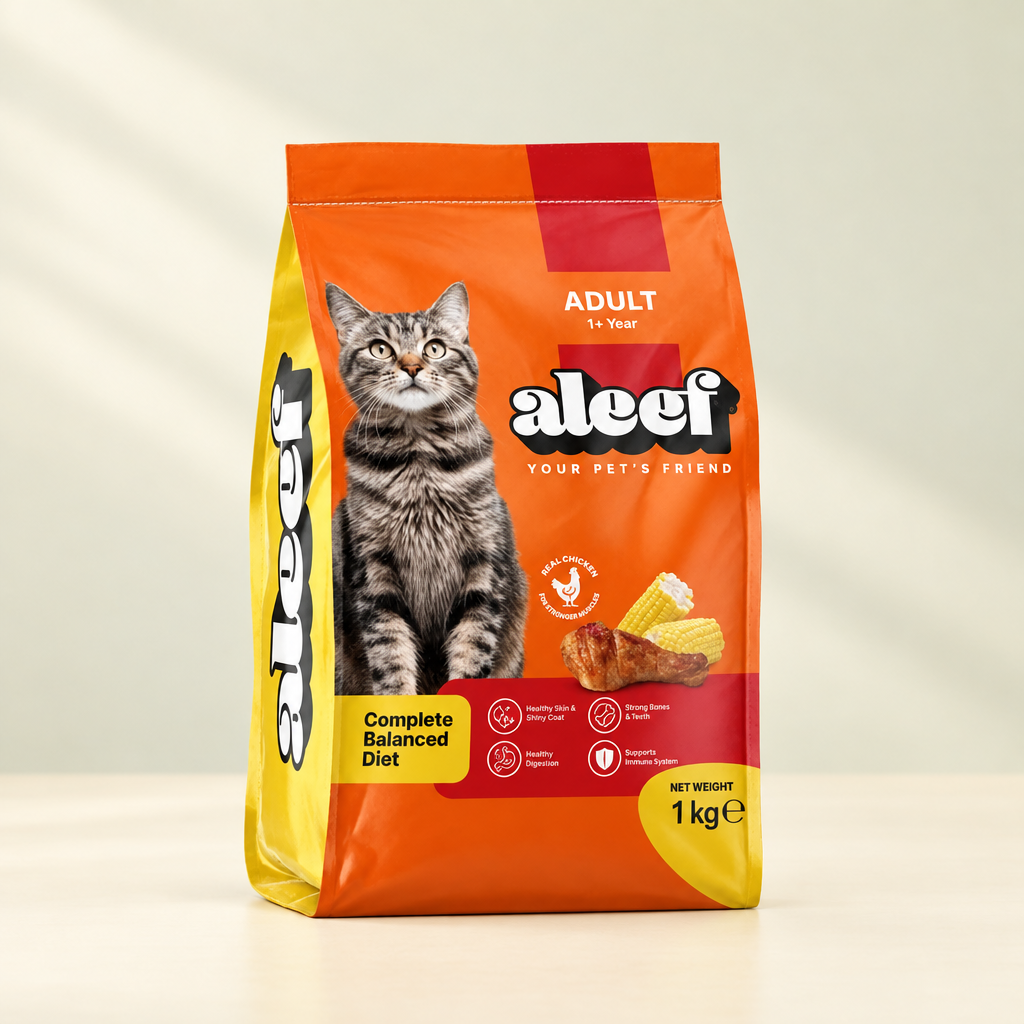 Aleef adult cat chicken food 1 kg bag centered on pale sage and cream background with soft warm glow
