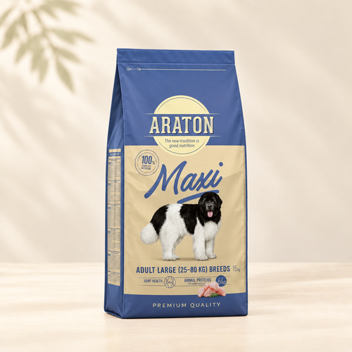 Araton Maxi Adult Poultry 15 kg blue bag at a slight left angle on a warm ivory background