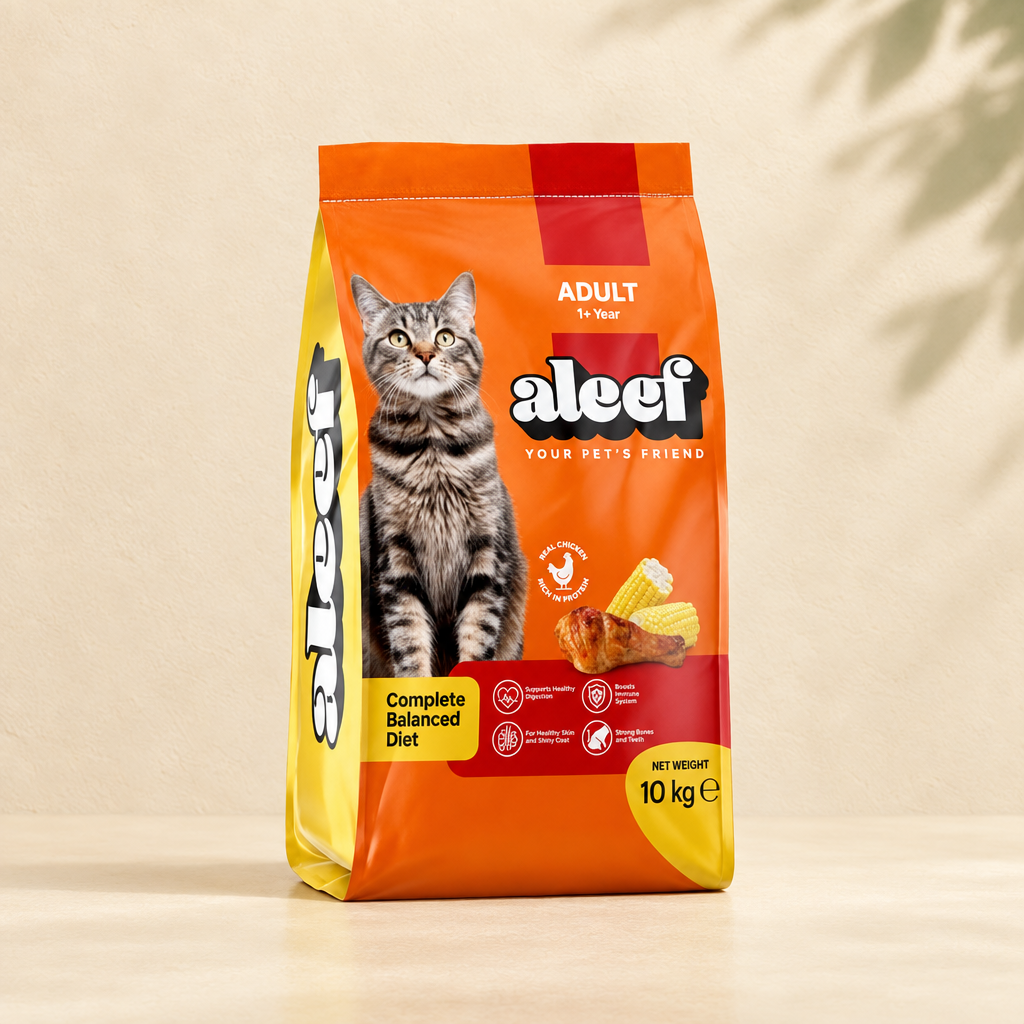 Aleef adult cat chicken food 10 kg bag centered on ivory background with a sage leaf shadow