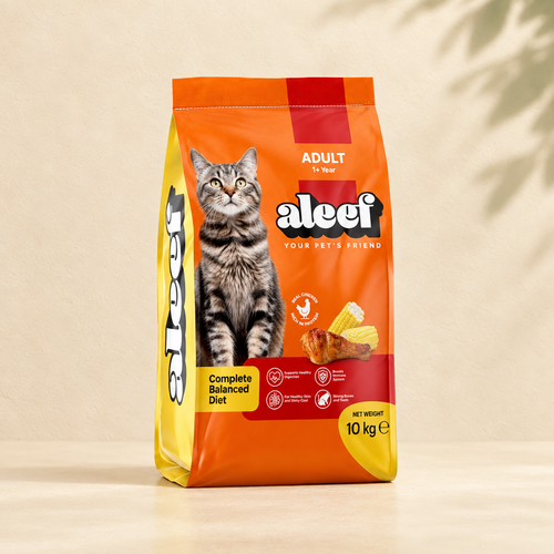 Aleef adult cat chicken food 10 kg bag centered on ivory background with a sage leaf shadow