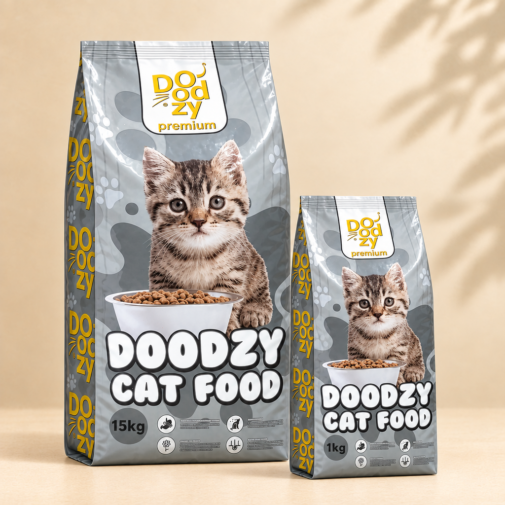 Doodzy Cat Premium 1 kg and 15 kg dry cat food bags together on a warm beige background