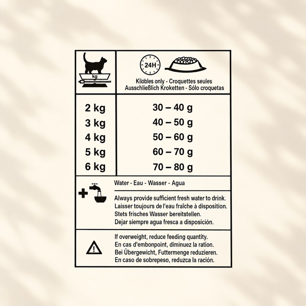 Feeding guide chart on warm cream background with soft leaf shadows
