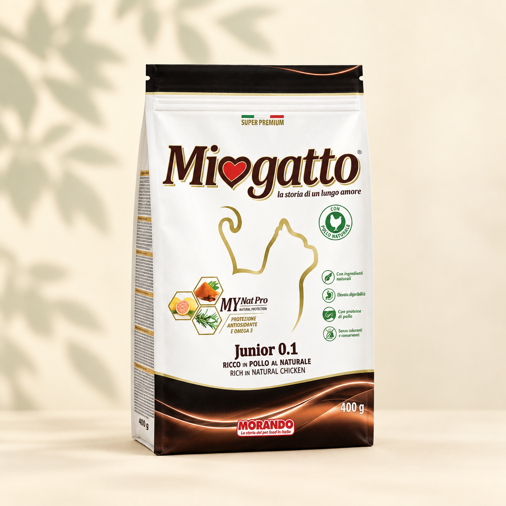 Migatto Junior 0.1 Rich in Natural Chicken 400 g dry cat food bag, front-dominant with a slim left side on a warm cream background with soft leaf shadows