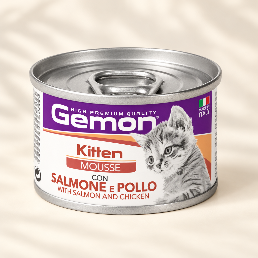 GEMON Kitten Mousse with Salmon and Chicken, 85 g can on a warm cream background