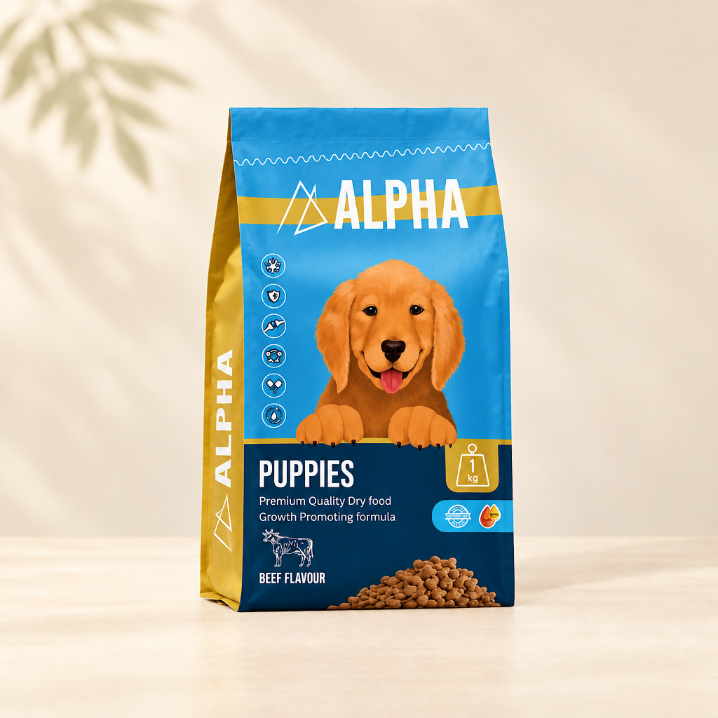 Alpha Puppy beef flavour dry food 1 kg bag