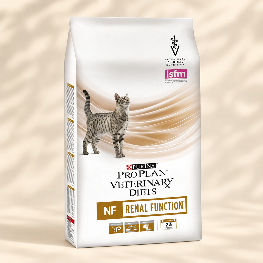 Purina Pro Plan Veterinary Diets NF Renal Function bag, front-dominant with a narrow left side, on a warm cream background with soft leaf shadows