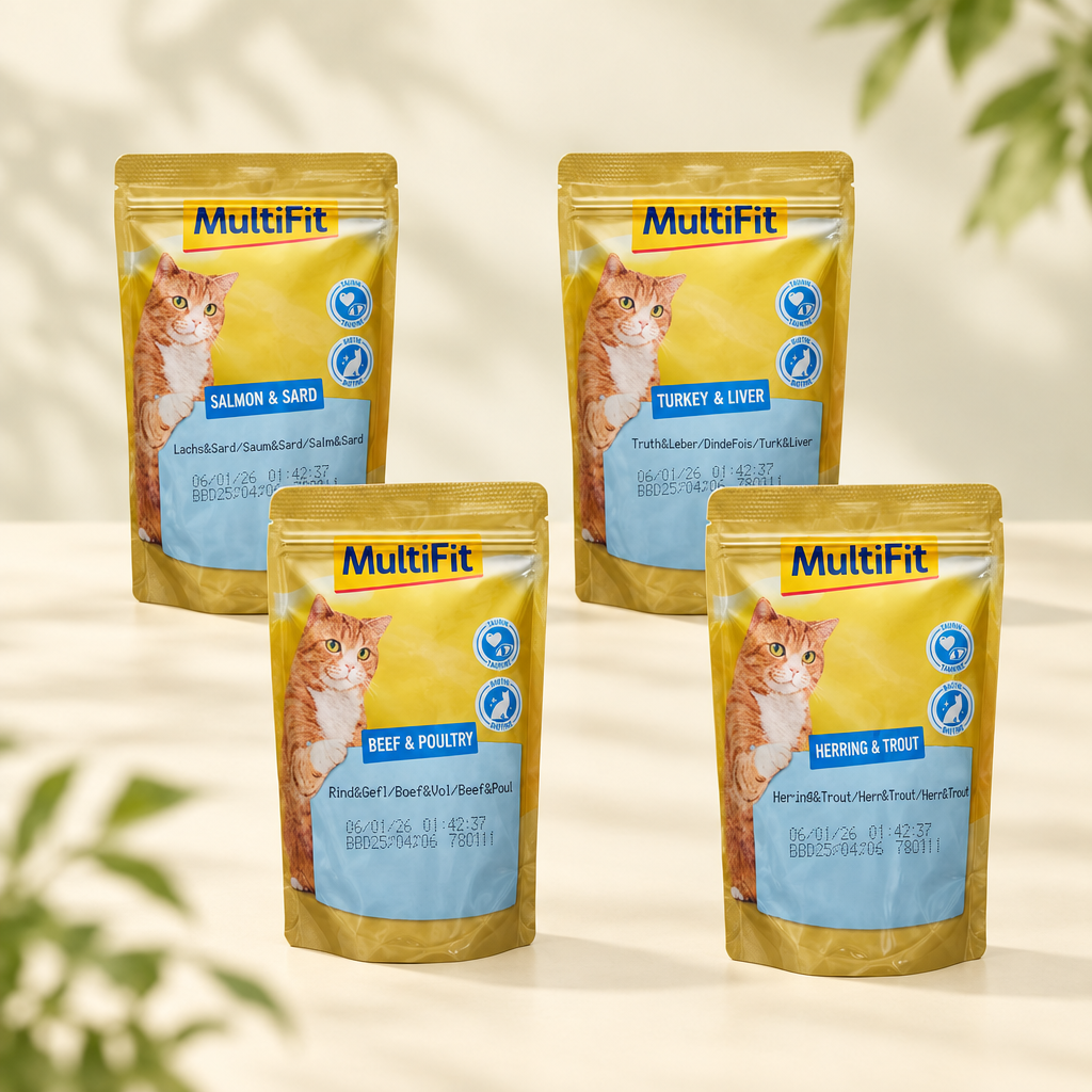 Staggered group photo of MultiFit adult cat pouches in Salmon & Sard, Turkey & Liver, Beef & Poultry, and Herring & Trout