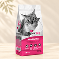 Hiper Pet Vitality Mix 20 kg balanced adult cat food bag with a narrow left side on a warm cream background with soft leaf shadows from the upper left