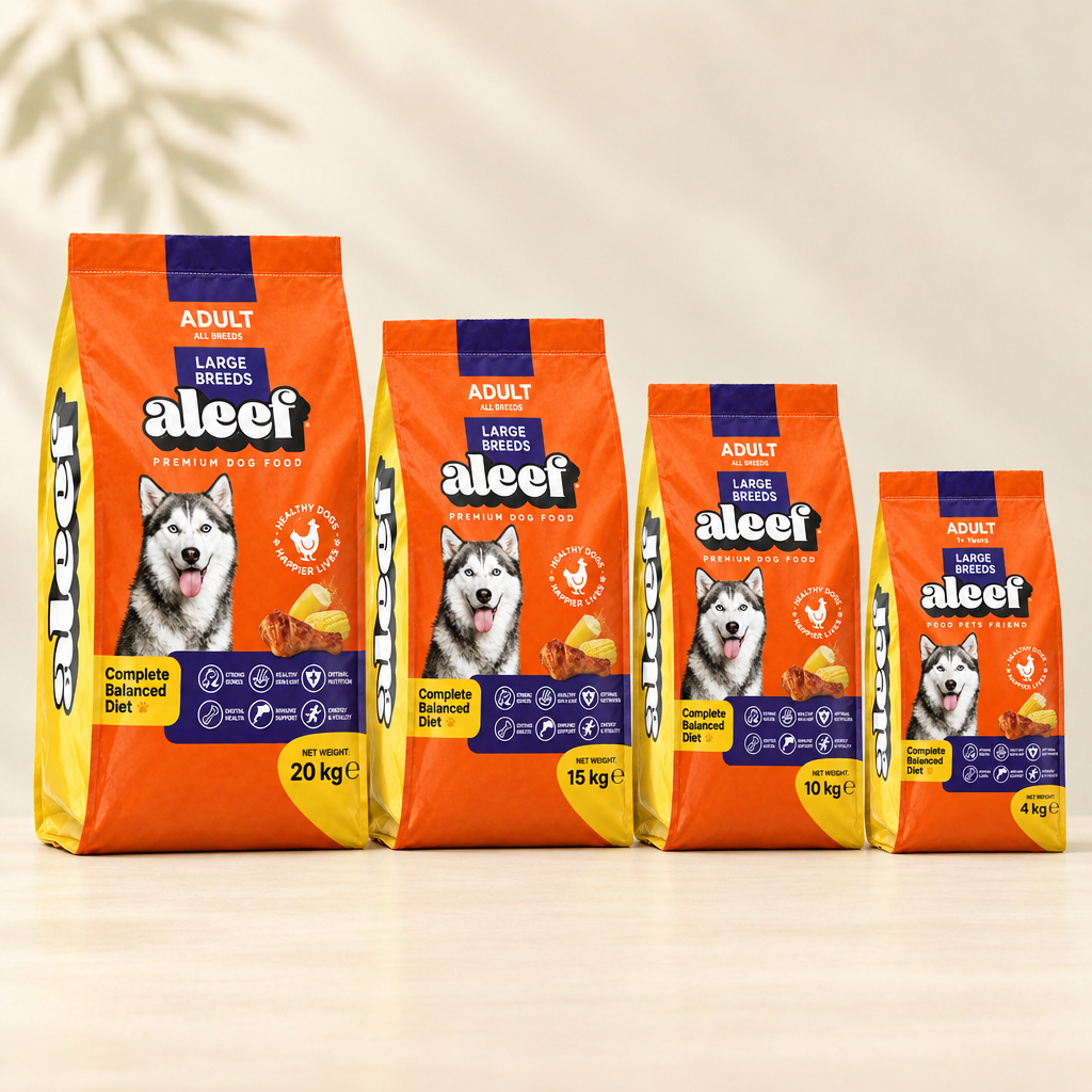 Aleef For Adult Dogs group photo showing the 20 kg, 15 kg, 10 kg, and 4 kg bags