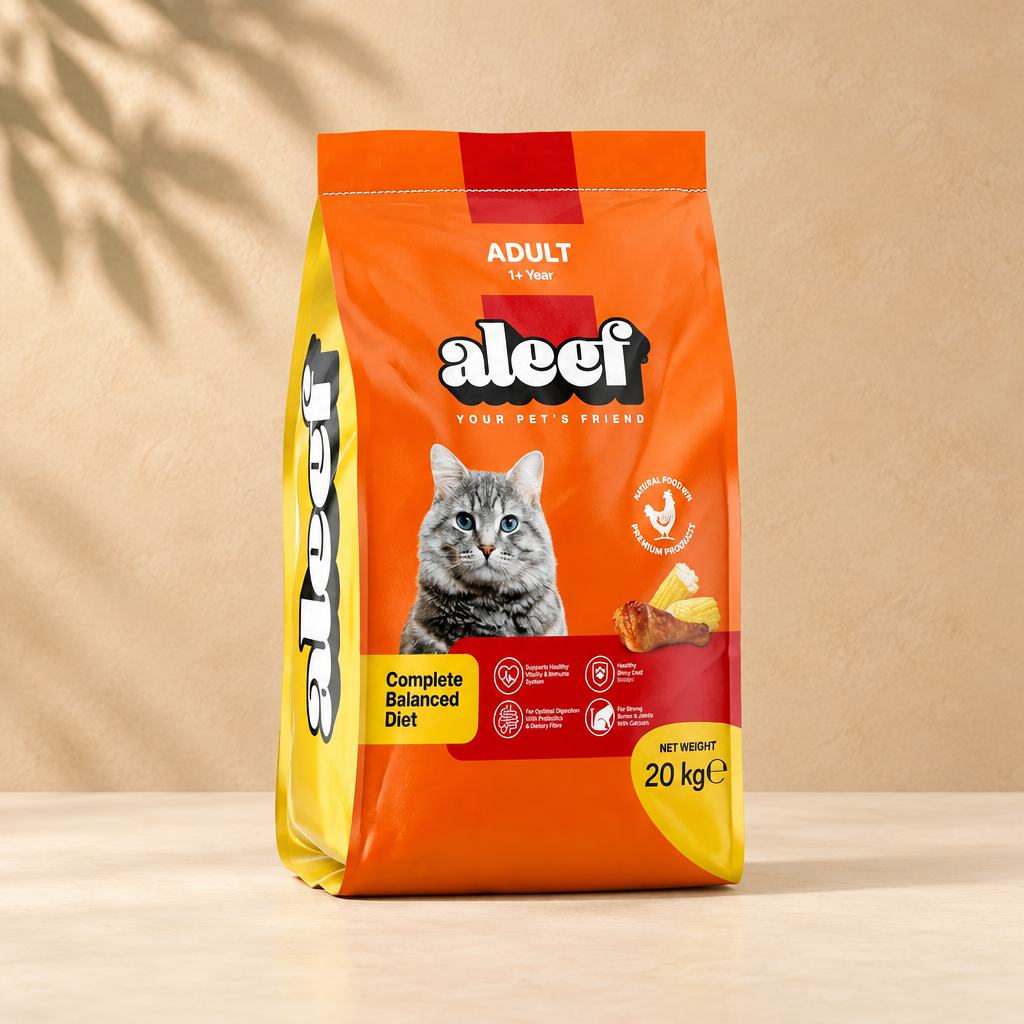 Aleef adult cat chicken food 20 kg bag centered on warm sand background with a sage leaf shadow