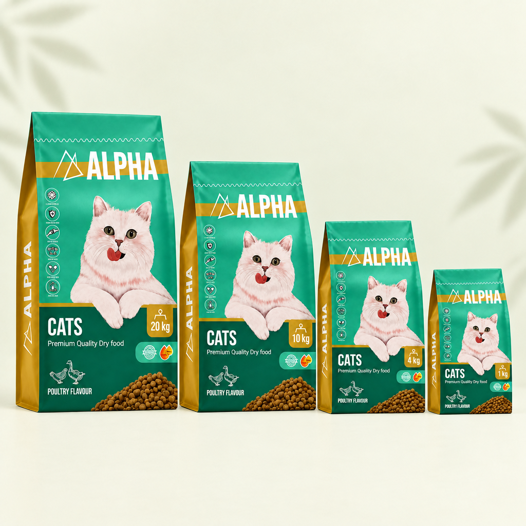 Alpha Adult Cat Poultry group photo with 20 kg, 10 kg, 4 kg, and 1 kg bags