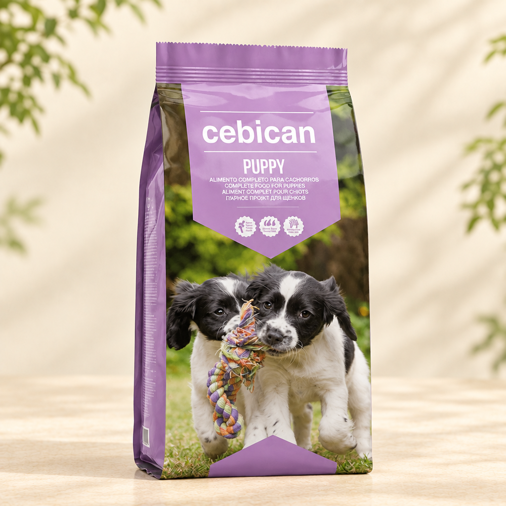 Cebican Puppy salmon and chicken bag photographed from the left side on a warm cream surface with subtle greenery