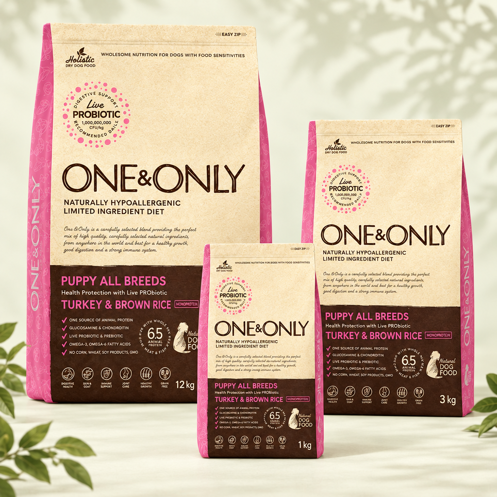 One & Only Puppy Turkey and Brown Rice three-size group preview