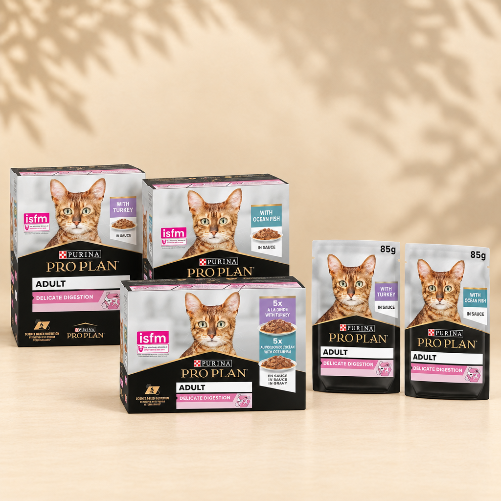 Purina Pro Plan Delicate cartons and pouches together