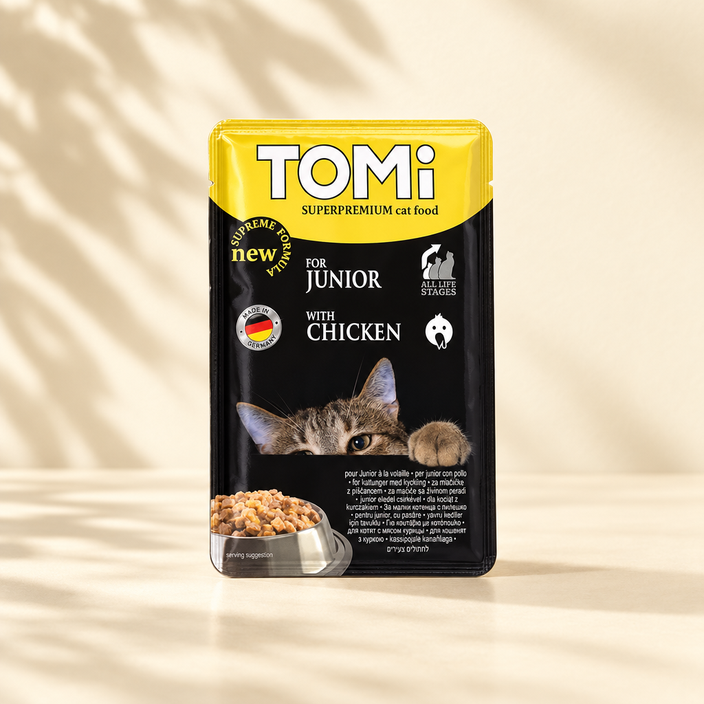 Tomi Junior pouch preview with bright warm leaf-shadow background